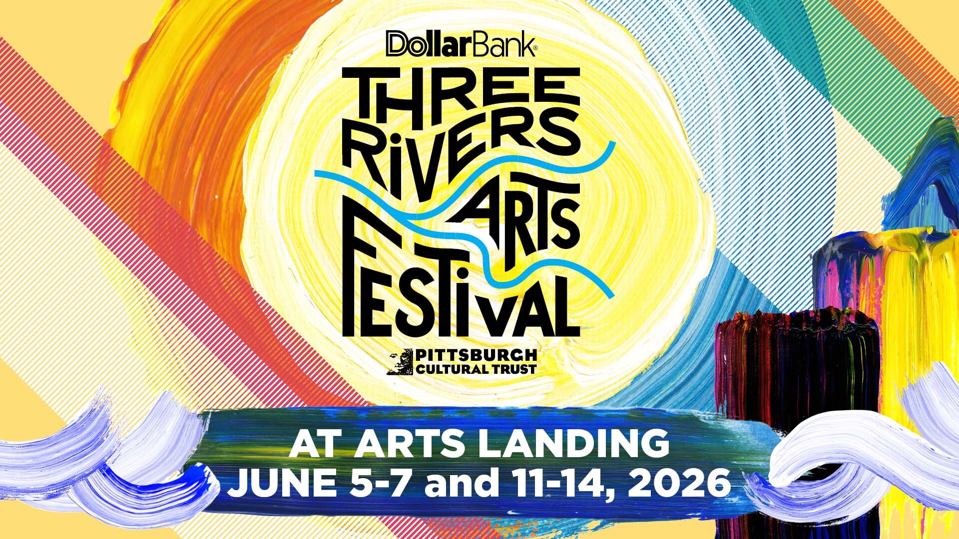 Colorful digital poster for the Dollar Bank Three Rivers Arts Festival, presented by Pittsburgh Cultural Trust, with event dates June 5-7 and 11-14, 2026, at Arts Landing, featuring vibrant painted swirls and bold text.