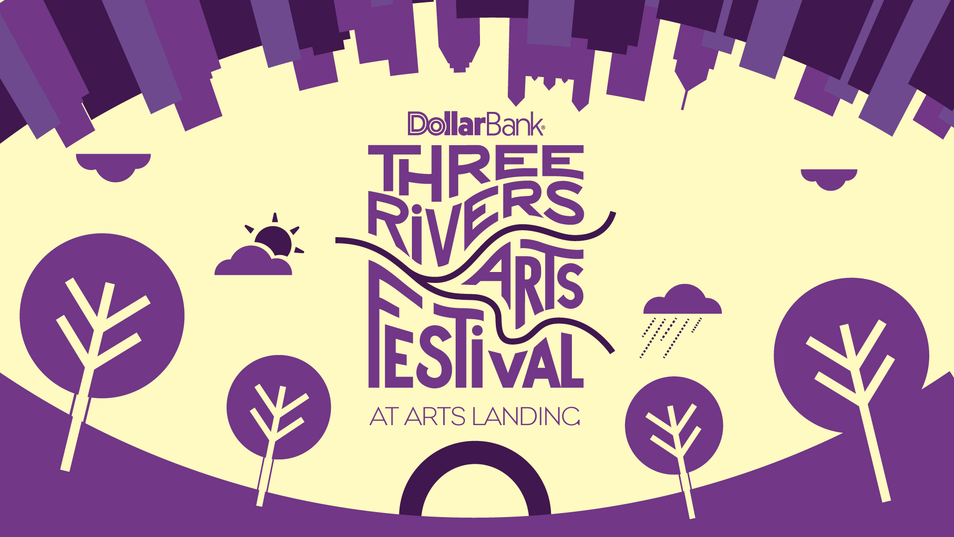 Colorful digital poster for the Dollar Bank Three Rivers Arts Festival, presented by Pittsburgh Cultural Trust, with at Arts Landing, featuring vibrant painted swirls and bold text.